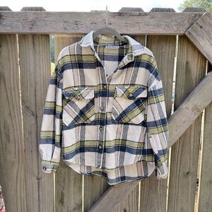 Aqu Fashion Thick Flannel Knit Button Down Green Plaid Shacket Shirt